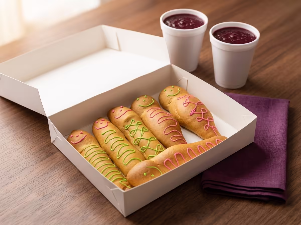 Caja abierta con seis guaguas de pan decoradas junto a dos vasos de colada morada